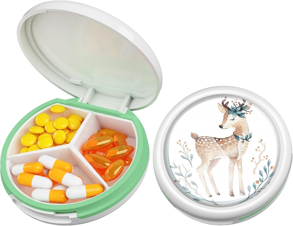 Serfeymi Small Pill Box - 3 Compartments Portable Pill Box for Purse Pocket, Compact Mini Travel Pill Case - Suitable for Medicine, Vitamin, Fish Oil, Supplements - White(Deer)
