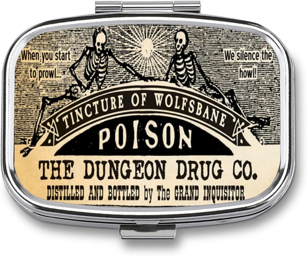 Metal 2 Compartment Pill Organizer Travel Friendly Portable Compact Box Cute Case to Hold Vitamins/Tylenol/Fish Oil/Supplements/Meds/Tablet for Purse/Pocket (Poison Skull), 1.97x0.79x0.39''