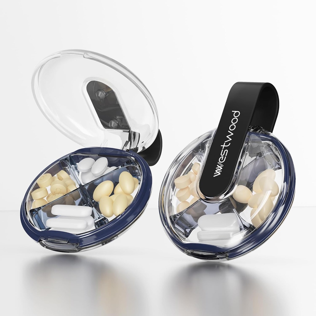 Small Pill Case, Cute Pill Box for Purse & Pocket, 4 Compartment Removable Pill Holder, Portable Travel Pill Organizer for Vitamins, Supplements, Fish Oils (Black)