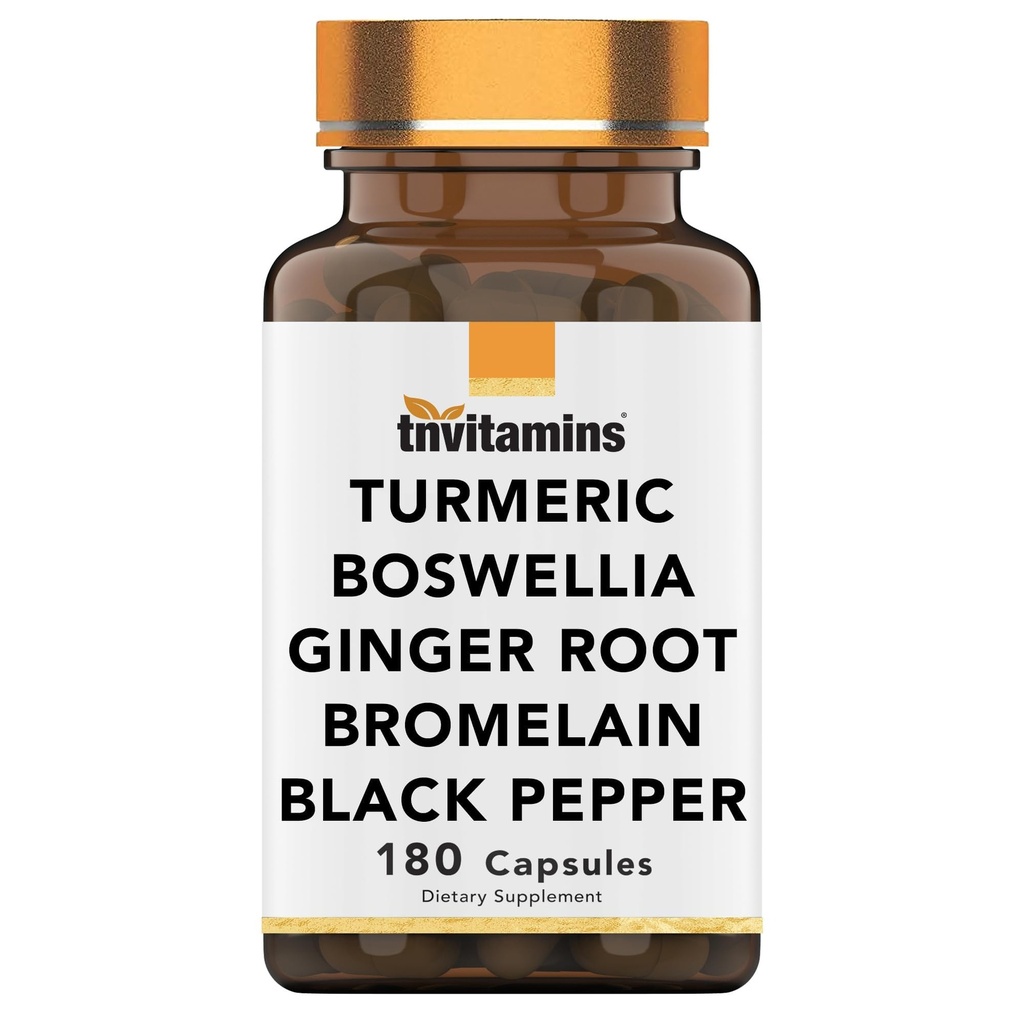 tnvitamins Turmeric & Boswellia Complex (180 Capsules) with Ginger Root, Bromelain, & Black Pepper Extract | Joint-Ease Formula: Powerful Joint Support Supplement* | Produced in The USA