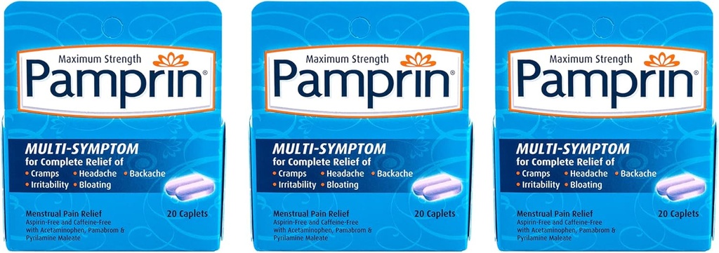Pamprin Multi-Symptom Formula, with Acetaminophen, Menstrual Period Symptoms Relief, 20 Caplets (Pack of 3)