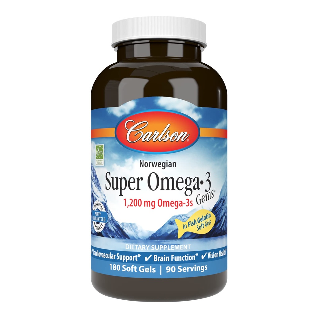 Carlson - Super Omega-3 Gems, 1200 mg Omega-3s, Cardiovascular Support, Brain Function & Vision Health, Norwegian, 180 soft gels