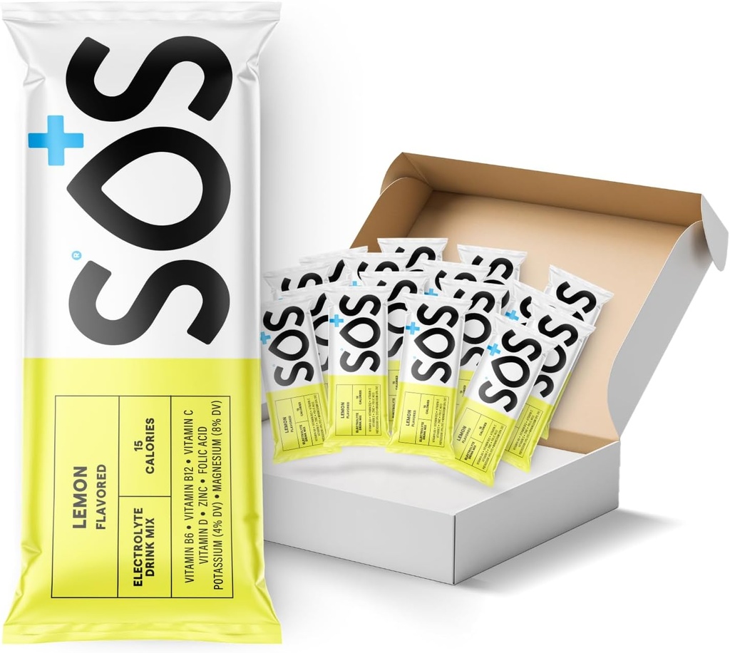 SOS Hydration Electrolyte Drink Mix – 24 Servings, with Essential Vitamins – Low-Calorie, Low Sugar, Keto-Friendly Hydration Supplement (24 Servings, Lemon)