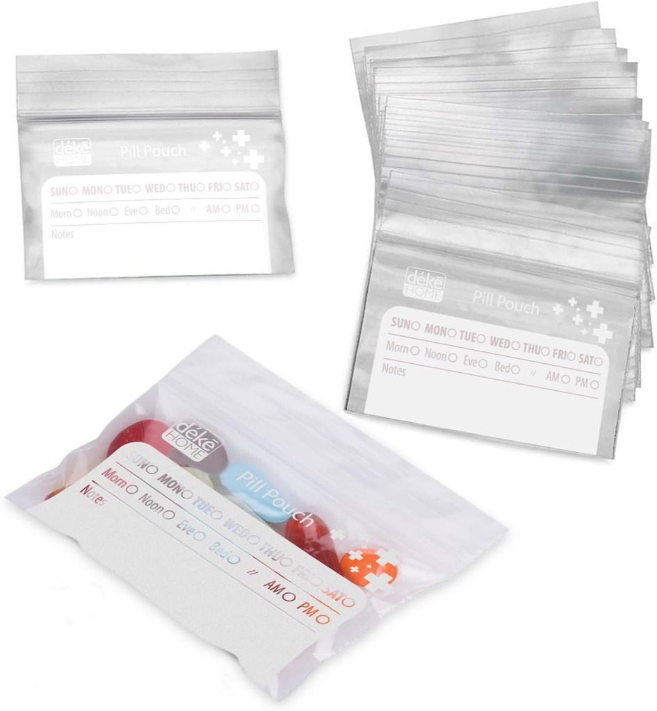 Deke Home - 100 Pack Clear Resealable Pill Bags (4x2.75 in), Travel Medicine Pouches with Write-On Label, BPA-Free Disposable Pill Organizer for Medications, Vitamins & Supplements