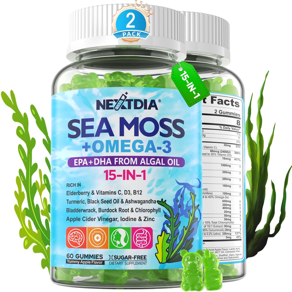 2 Pack Sea Moss Gummies for Men Women, Vegan 15-IN-1 Irish Seamoss Superfood with/Bladderwrack & Burdock Root, Turmeric, Elderberry, Vitamins B12 D3, EPA DHA, Sugar-Free, Support Energy, Brain, Immune