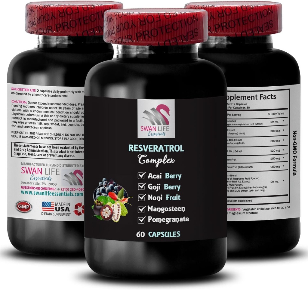 Blueberry Balance - RESVERATROL COMLEX - Berry Benefits, Natural Boost, Antioxidant Properties, Daily Energy, Noni Blend, Pomegranate Strength, Active Lifestyle, Flavorful Boost 1 Bottle 60 Capsules