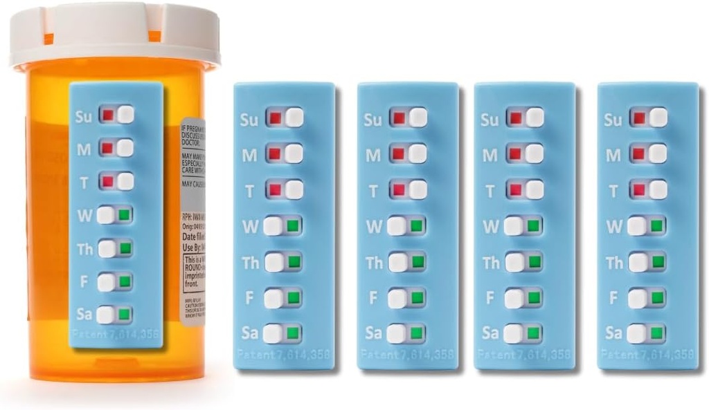 Take‑n‑Slide Peel and Stick Reusable for 12 + Refills, Pill/Medication/Vitamin/Pet Med Tracker & Reminder, Attach to Your Bottle, Organizer-Free, Curved‑Back (Blue, 5-Pack)