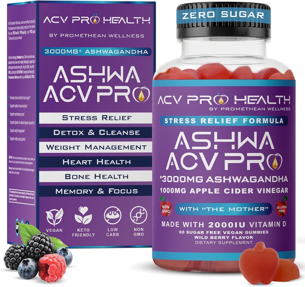Ashwa ACV Pro Health - Sugar Free Apple Cider Vinegar Gummies with Ashwagandha, Advanced Keto, Stress Relief Supplements with Vitamin D, 1g Carbs Per Gummy Golo