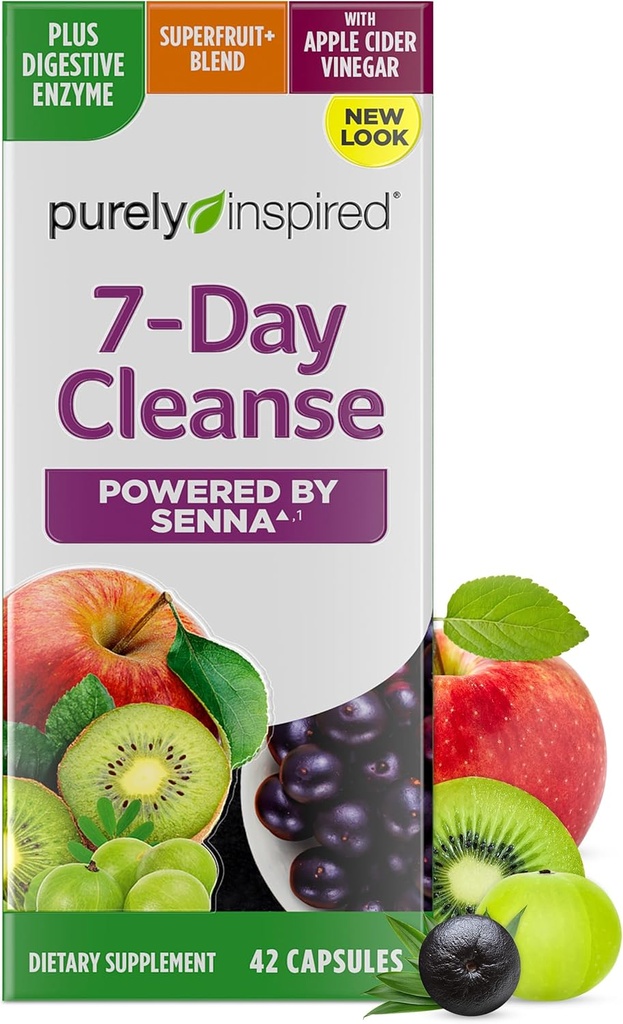 Purely Inspired 7-Day Detox Cleanse - Whole Body Cleanse & Detox Pills for Women & Men, Powered with Senna Leaf, Vitamin C, Apple Cider Vinegar, Digestive Enzymes & Probiotics - 42 Acai Berry Capsules
