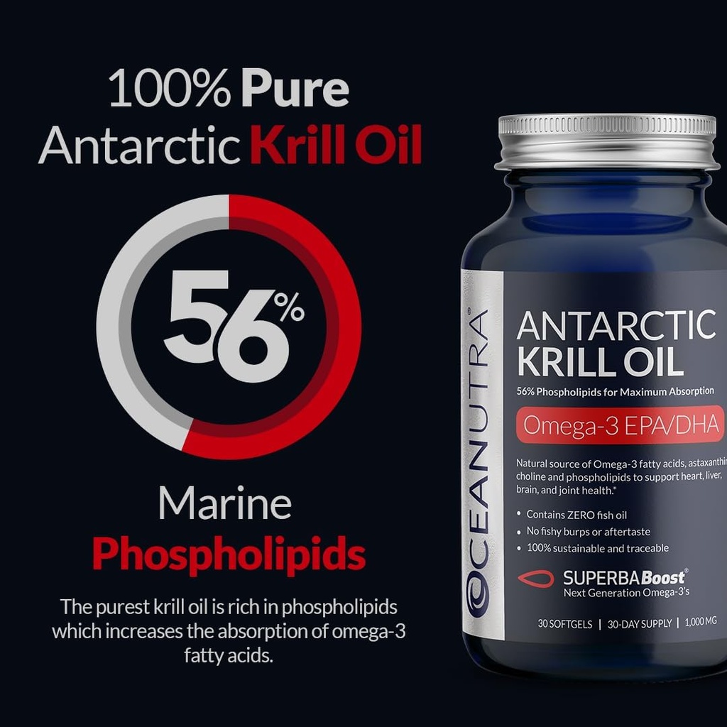 100% Pure Krill Oil 1000MG 120-Day Supply Double Strength 56% Phospholipids Astaxanthin Sustainable Antarctic SuperbaBoost Omega 3 EPA DHA Heart Brain Skin Care, Third-Party Tested, No Fish Oil
