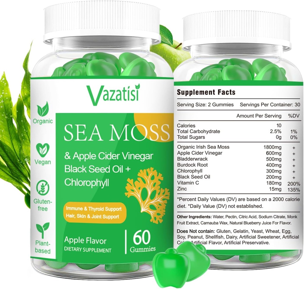 2 Pack Organic Irish Sea Moss Gummies with Black Seed Oil, Chlorophyll - Thyroid, Mood, Energy & Immune Support - Women & Men, Adult & Kid - 120 Vegan Gummies