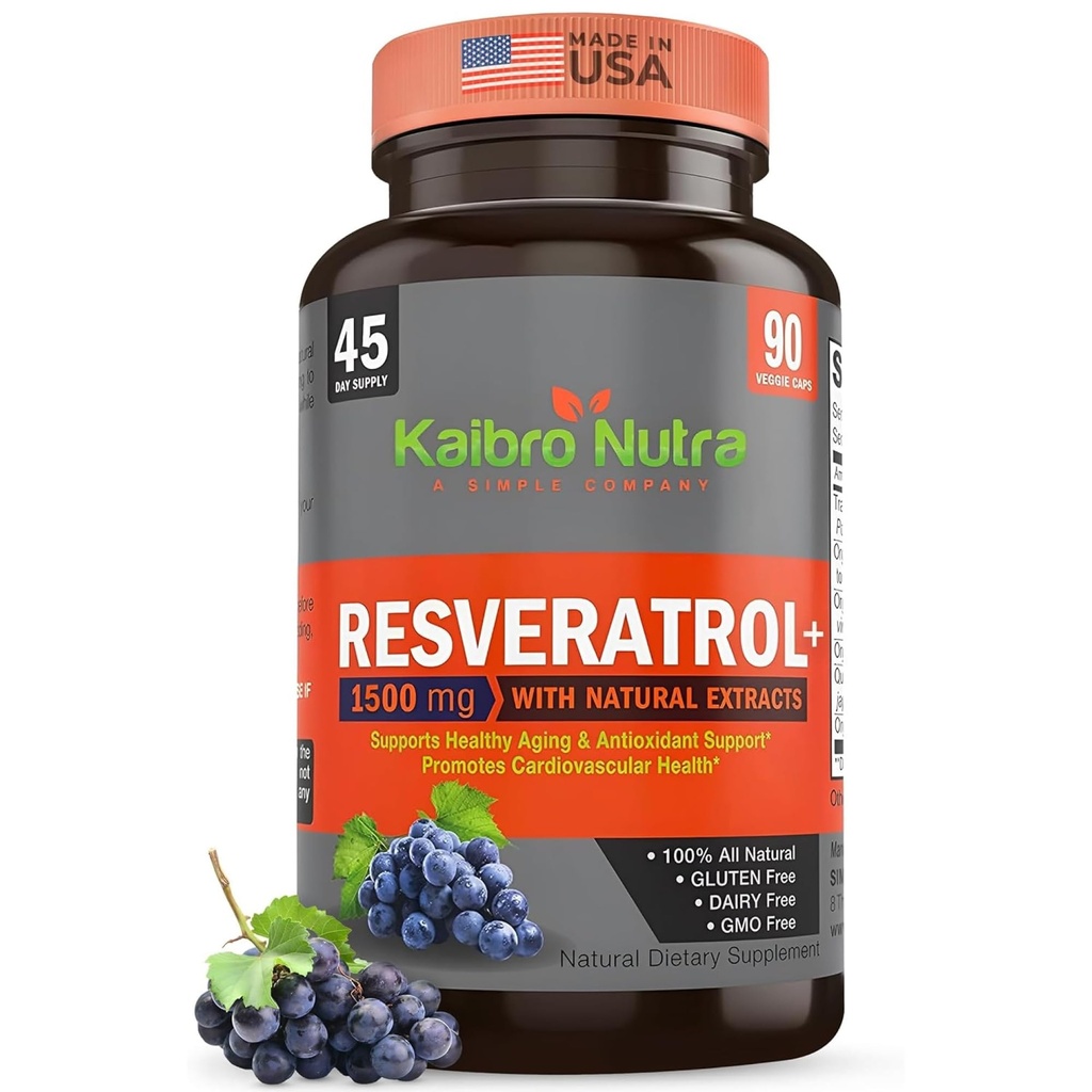 Kaibro Nutra Resveratrol Supplement, 1500mg Extra Strength Trans Resveratrol, Quercetin with Japanese Knotweed Extracts, Anti-Aging, Radiant Skin and Immunity Support, Vegan & Non-GMO, 90 Capsules