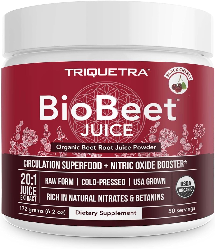 BioBeet® Beet Juice (Black Cherry Flavor) Max Strength 20x High Concentration than Beet Root Powder – Organic, Cold-Pressed, USA Grown, Raw Form – Nitric Oxide, Circulation Support (50 Servings)