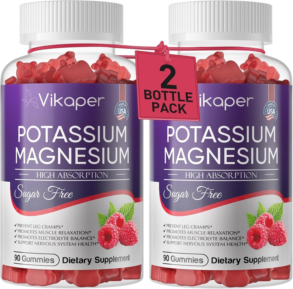Potassium Magnesium Gummies 500 mg Sugar-Free Magnesium Glycinate Supplement with Magnesium L-Threonate,Vitamin D3,Improved Leg Cramps,Muscle,Heart Health for Adults Raspberry Flavor 180 Count