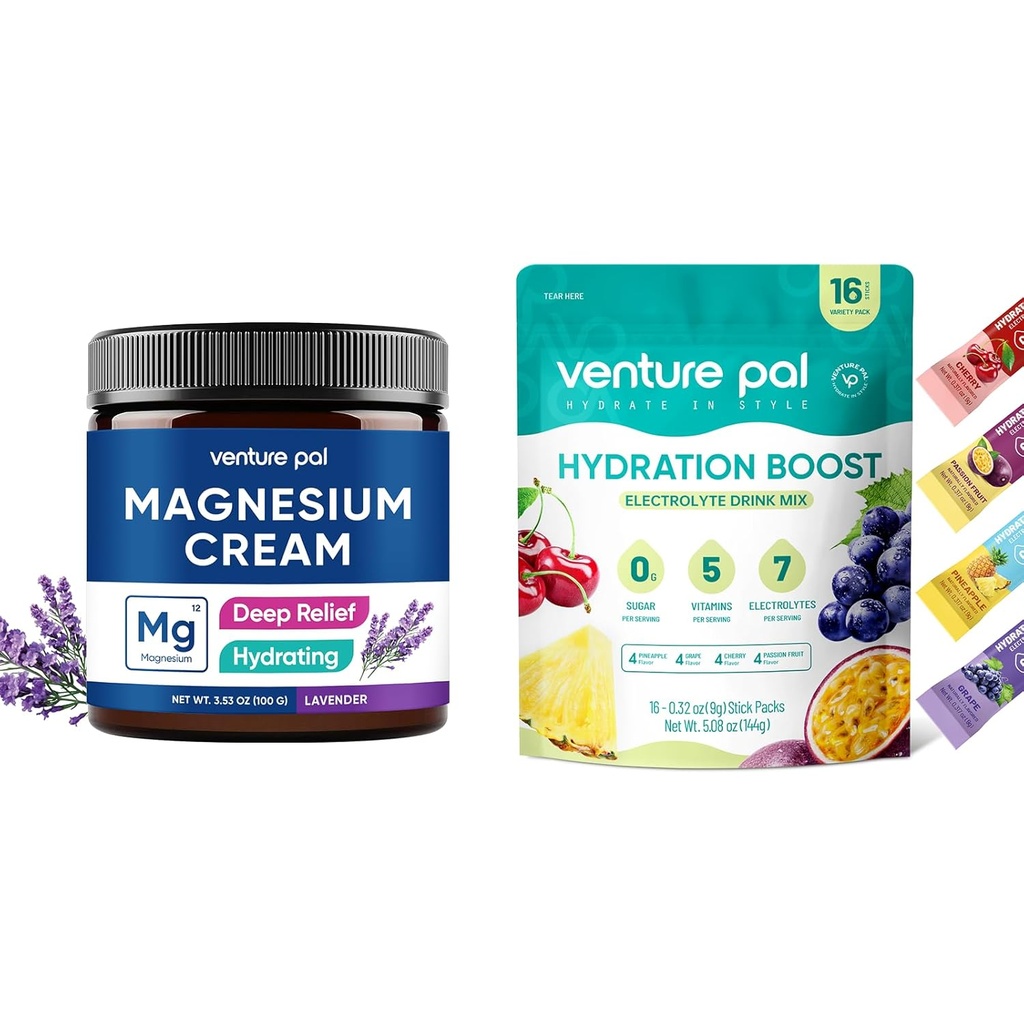 Venture Pal Moisturizing Magnesium Lotion & Sugar Free Electrolyte Powder Packets（16 Sticks）