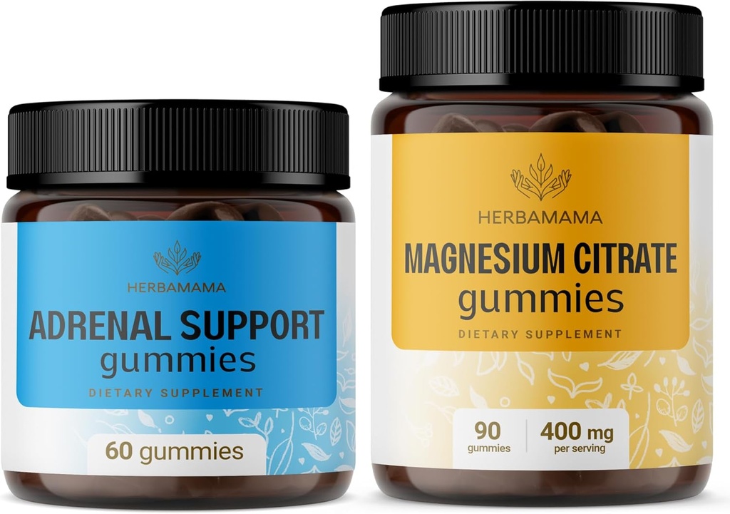 HERBAMAMA Adrenal Complex and Magnesium Kit - Bundle of Adrenal Support Complex & 400 mg Magnesium Citrate Gummies - Vegan, Non-GMO, Gelatin-Free - 2 Pack