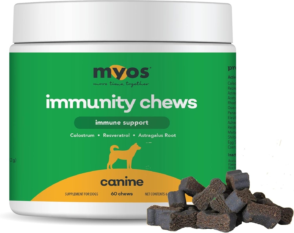 MYOS Immunity Chew for Dogs - Immune System Support, Antioxidants, Helps Cellular Health & Vitality- with Colostrum, Resveratrol, Astragalus Root, and Mushrooms- Daily Chewable Supplement