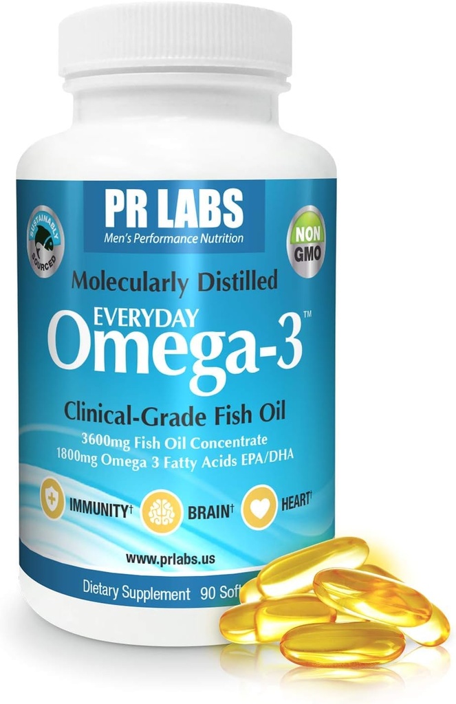 PR Labs - Everyday Omega-3 Clinical Grade Fish Oil Supplement for Men - Promotes Heart, Brain, Immune and Joint Support - Sustainably Sourced and Molecularly Distilled - 1800mg EPA and DHA - 1 Pack