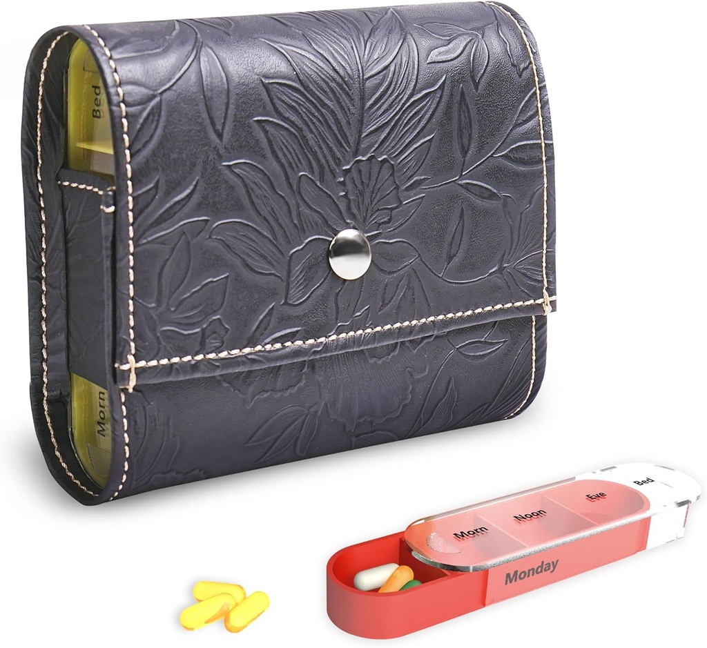 Pill Organizer,LIZIMANDU Weekly Travel Pill Case Box Medication Reminder Daily AM PM, Day Night 7 Compartments,for 4 Times A Day, 7 Days a Week-Includes Leather PU Carrying Case(1-Carved Black)