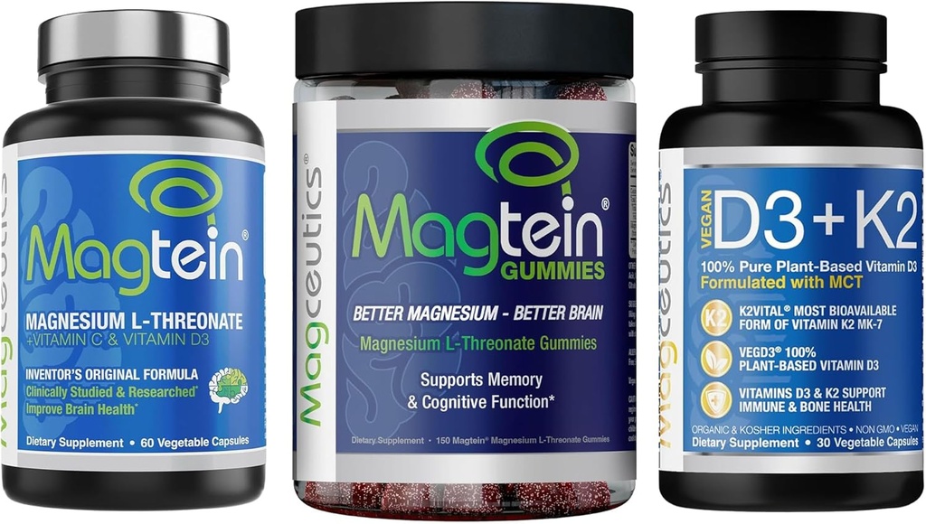 Magnesium L-Threonate 60 Capsules, Magceutics Adult Gummies 150 Count, Vitamin D3 K2 30 Capsules - Bundle