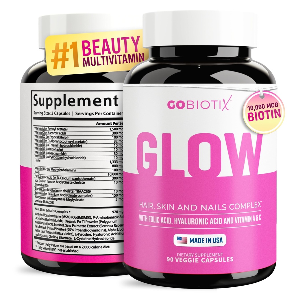 GOBIOTIX Hair, Skin & Nails Vitamins for Women — 10,000mcg Biotin, Hyaluronic Acid & MSM — 28 Vitamins with Folate & Iron — Supports Hair & Nail Growth — 90 Capsules