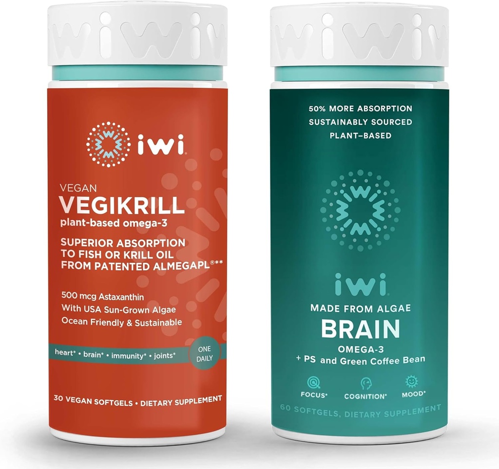 iwi Life Vegikrill & Brain Omega-3 Bundle, 30 Servings, Vegan Plant-Based Algae Omega 3 with EPA + DHA, Krill & Fish Oil Alternative, No Fishy Aftertaste