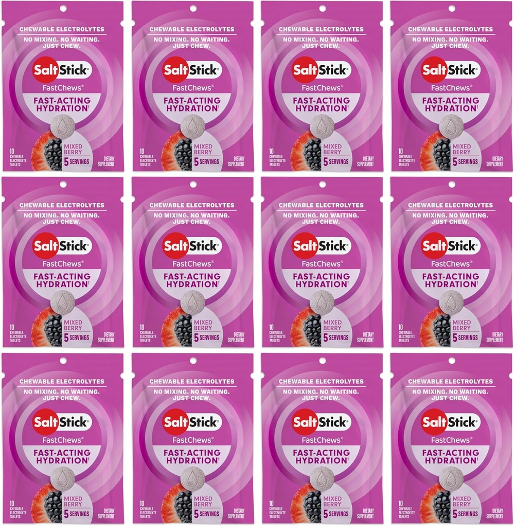 SaltStick Electrolyte FastChews - 120 Count Mixed Berry Flavor - Electrolyte Tablets for Hydration, Salt Tabs - 10 Count (Pack of 12)