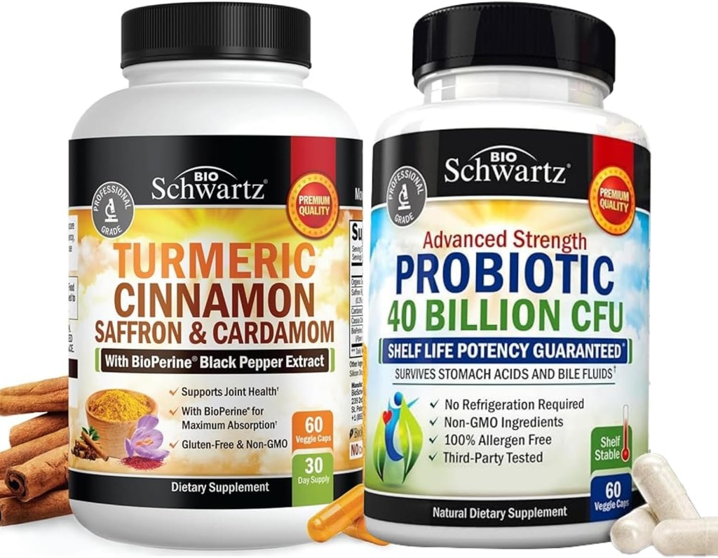 Turmeric Supplement with Saffron Cinnamon and Cardamom (1 Month Supply) Plus 40 Billion CFU Daily Probiotic Supplement (1 Month Supply)