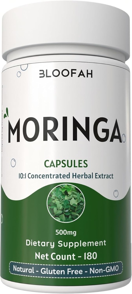 Moringa Capsules 500mg | 100% Pure Moringa Oleifera Leaf | Concentrated 10:1 Extract Powder | Non-GMO, Nutrient-Rich Vegetarian Green Superfood (180 Count (Pack of 1)