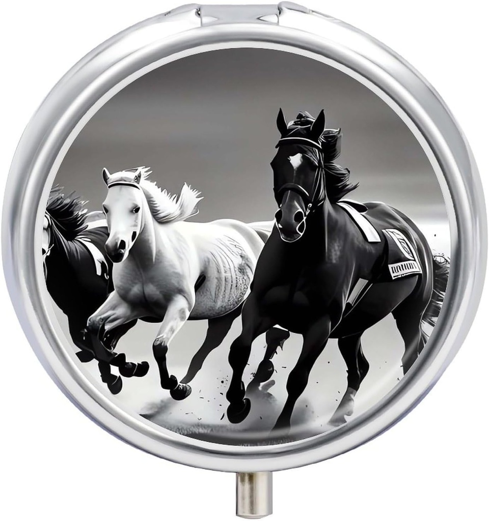 Black and White Horses Running Pill Case 3 Compartment Portable Pill Box Daily Round Pill Organizer for Pocket Purse Daily Medicine Container to Hold Vitamins Fish Oil Travel Gifts