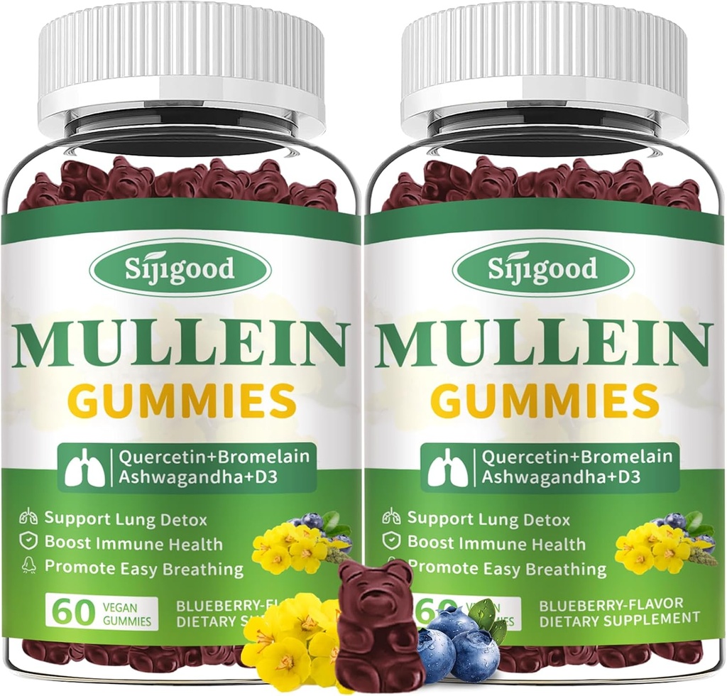 2 Pack Mullein Gummies for Lungs, Mullein Leaf Extract Supplement for Digestive & Respiratory & Immune Support with Bromelain, Quercetin, Blueberry Flavor, 120 Count
