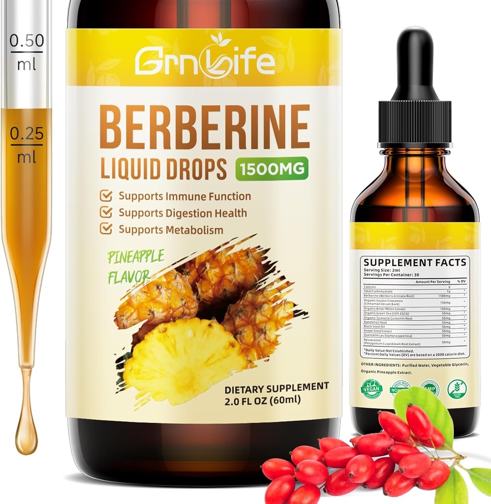 Berberine Supplement, 1500mg Organic Berberine Liquid Drops with Ceylon Cinnamon, Bitter Melon - Supports Immune and Metabolism, Vegan, Pineapple Flavor-2 FL Oz