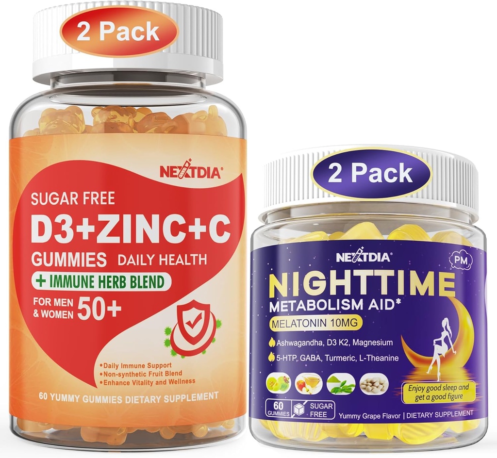 Bundle: Sugar Free Vitamin C + D3 + Zinc Gummies for Adults & Melatonin 10mg 20mg Night Time Metabolism Sleep Gummies