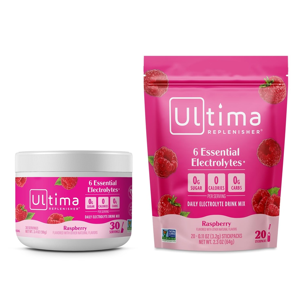 Ultima Replenisher Electrolyte Powder Drink Mix Bundle – Sugar Free – Rasberry, 30 Serving Canister and 20 Stickpacks – 6 Electrolytes and Minerals – Keto Friendly, Vegan, Non-GMO