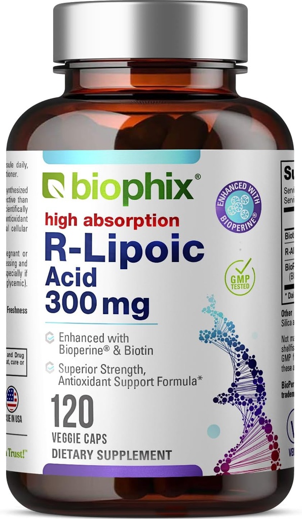 biophix R-Lipoic Acid 300 mg Stabilized 120 Veggie Capsules - with Biotin - High Potency Antioxidant Support - Non-GMO - Gluten Free - Promotes Energy