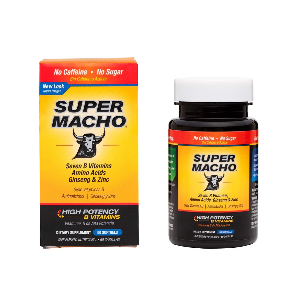 Super Macho Dietary Supplement with High Potency Zinc & 7 B Vitamins, No Preservatives, Sugar or Caffeine, Made in USA, 50 Softgels (1 Pack)