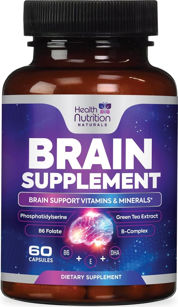 Brain Supplements for Memory and Focus - Decaffeinated Nootropic Capsules for Concentration, Alertness, Cognitive Support - Phosphatidylserine, DMAE, Brain Health Vitamins B6 C E Zinc - 60 Capsules