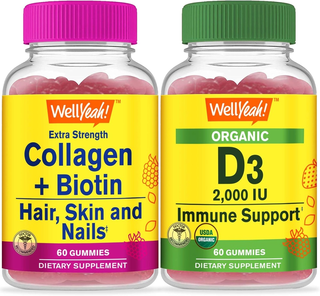 WellYeah Collagen+Biotin + Organic Vitamin D3, Gummies Bundle - Great Tasting, Vitamin Supplement, Gluten Free, GMO Free, Chewable Gummy