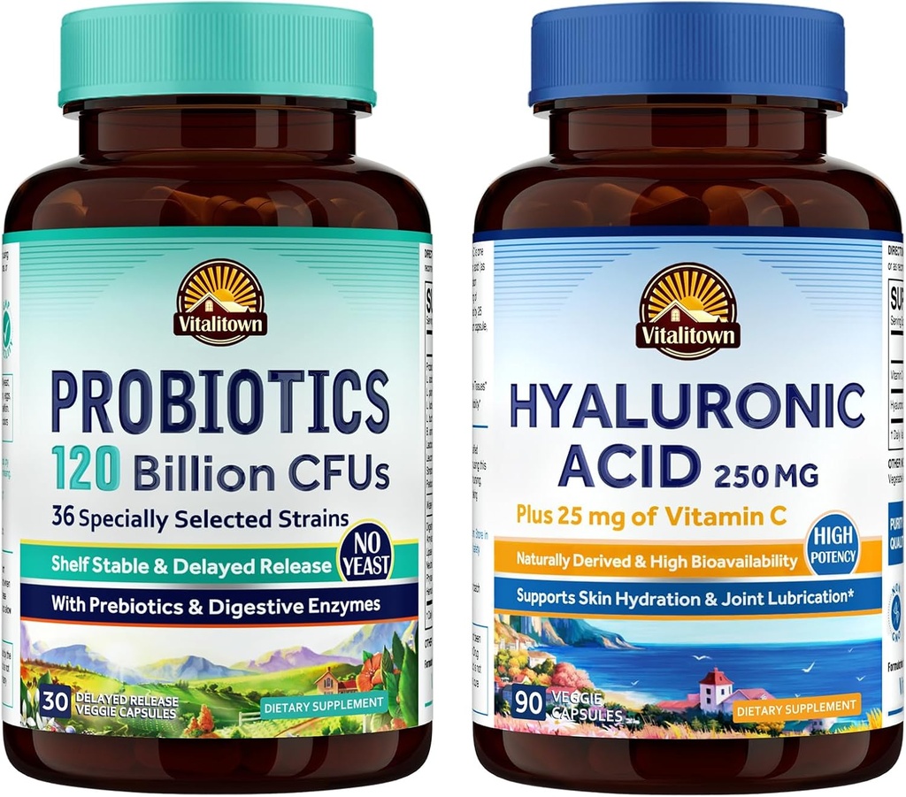 Vitalitown Gut-Skin Bundle (Pack of 2) | Probiotics 120 Billion CFUs (Item 1) & Hyaluronic Acid (Item 2) | 30 + 90 Capsules