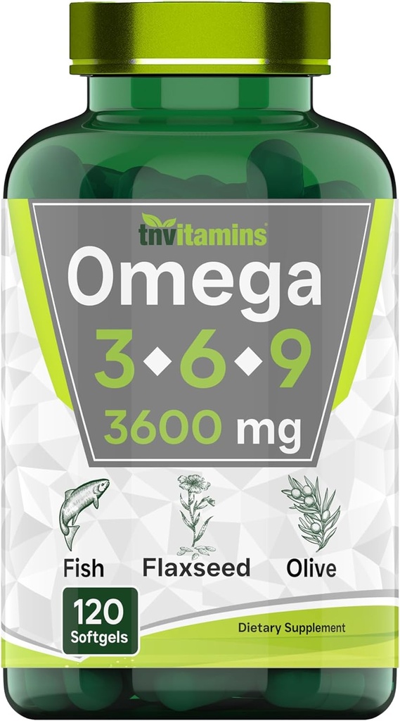 Triple Omega 3◆ 6◆ 9: 3600mg x 120 Softgels | Omega Essential Fatty Acids from Fish Oil (EPA & DHA), Flaxseed (ALA & LA), & Olive Oil (OA) | Supplement for Women & Men | Non-GMO