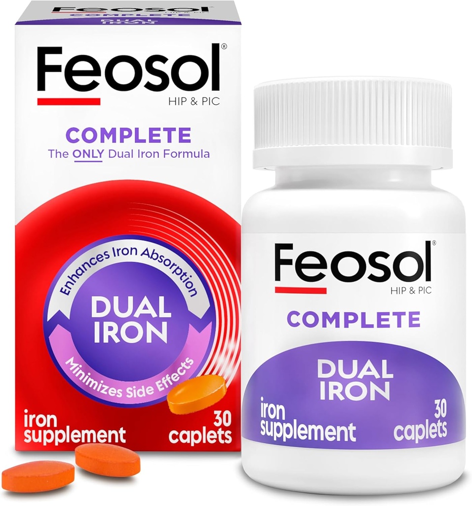 Feosol Complete Iron Supplement Caplets, Bifera Iron for High Absorption, Heme and Non-Heme Dual Action Minimizes Side Effects, 1 Per Day, for Energy and Immune System Support, 30 Count (Pack of 36)