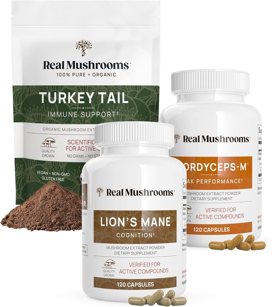 Real Mushrooms Immune Support, Cognition, & Performance Boost Bundle - Turkey Tail Organic Extract Powder (45g) | Lion’s Mane (120 Capsules) | Cordyceps-M (120 Capsules) | Mushroom Supplements