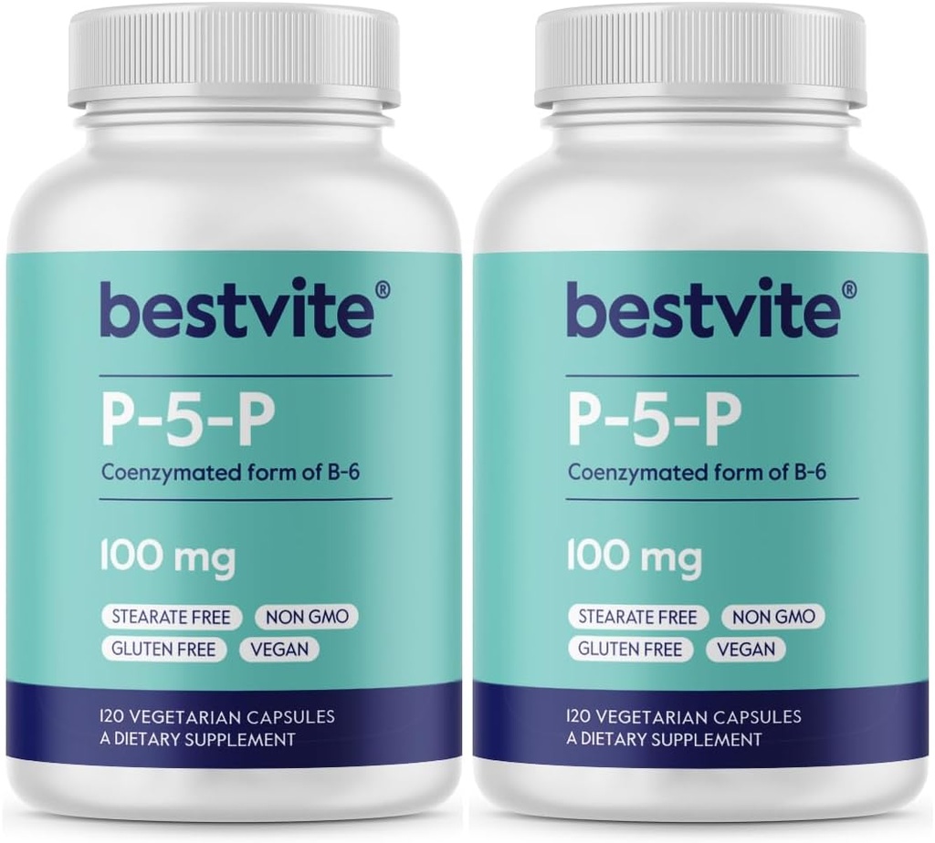 BESTVITE P-5-P 100mg (240 Vegetarian Capsules) (120 x 2) (CoEnzymated Form of B-6) - No Stearates - Vegan - Non GMO - Gluten Free