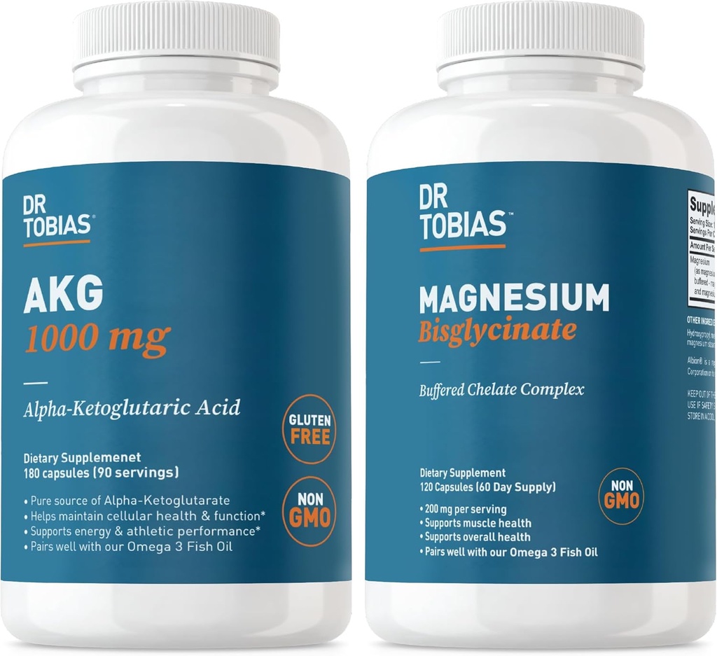 Dr. Tobias AKG Supplement & Magnesium Bisglycinate - Support Energy Levels, Muscle, Nerve & Bone Health with High-Absorption Magnesium and Bioavailable AKG, Vegan, Non-GMO