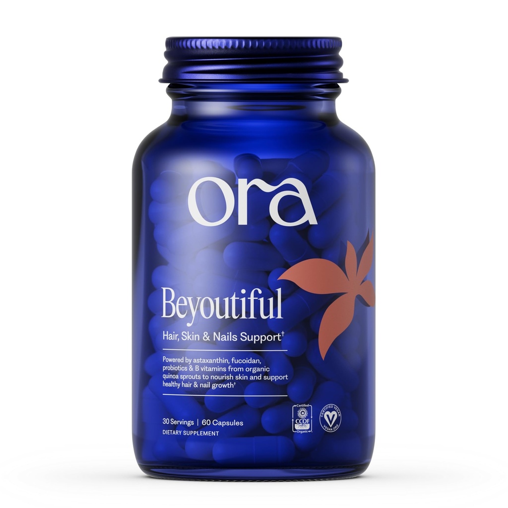 Ora Organic Hair, Skin, and Nails Support- Beyoutiful - Beauty Supplement with B Vitamins and Biotin for Healthy Hair, Niacin for Skin Health - 60 Vegan Capsules