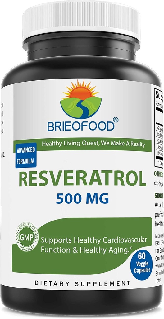 Brieofood Resveratrol 500mg - Natural Antioxidant Supplement for Cardiovascular & Immune System Health - 60 Veggie Capsules