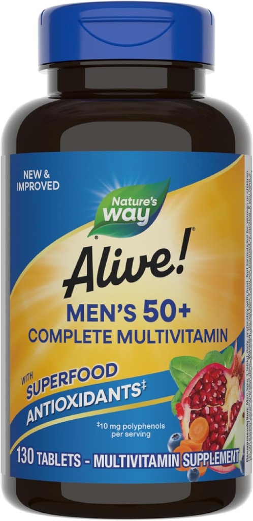 Nature’s Way Alive! Men’s 50+ Complete Multivitamin, Supports Multiple Body Systems*, Supports Cellular Energy*, High Potency B-Vitamins, Gluten-Free, 130 Tablets