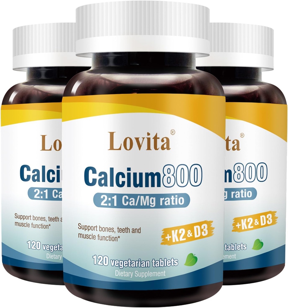 Lovita Calcium Citrate 800 mg with Magnesium, Vitamin D3 & K2, Bone Strength & Density Supplement for Women & Men, Supports Teeth, Immune Health, Gluten Free, Non-GMO, 360 Vegan Tablets