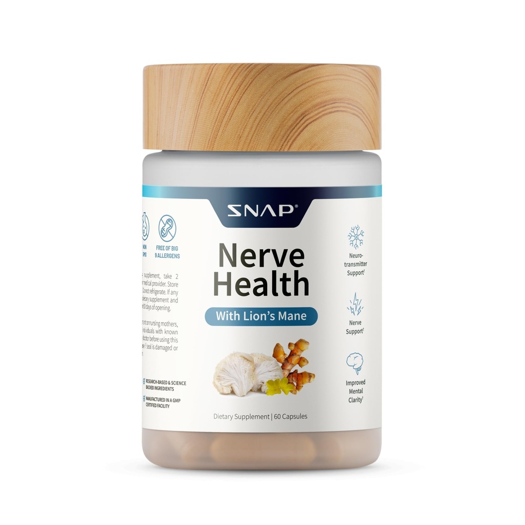 Snap Supplements Nerve Health Support with Lion's Mane, Organic Turmeric & Herbs – Neuropathy Supplement for Mental Clarity, Focus & Healthy Nerve Function* – 60 Capsules
