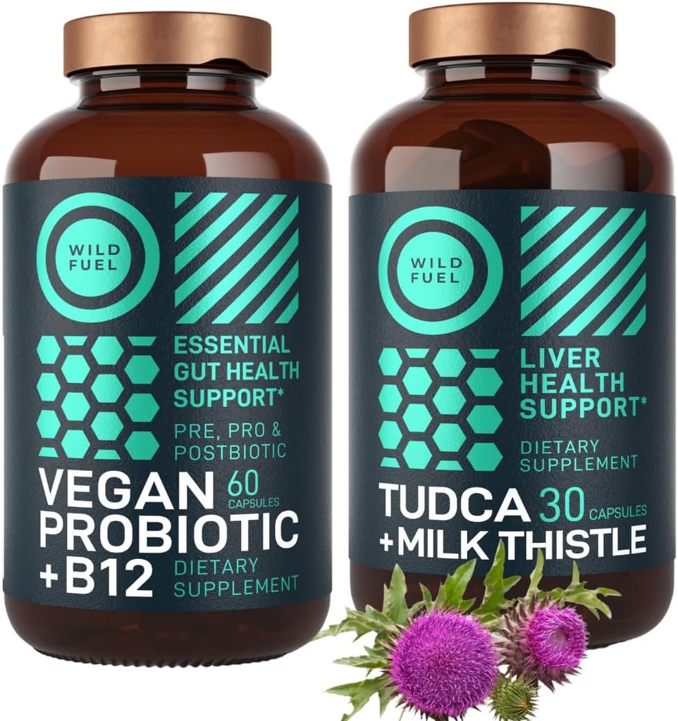 WILD FUEL TUDCA with Milk Thistle Supplement and Vegan Probiotic Plus B12 General Liver Cleanse and Gut Health Bundle